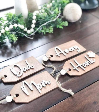 stocking tags with wooden backer